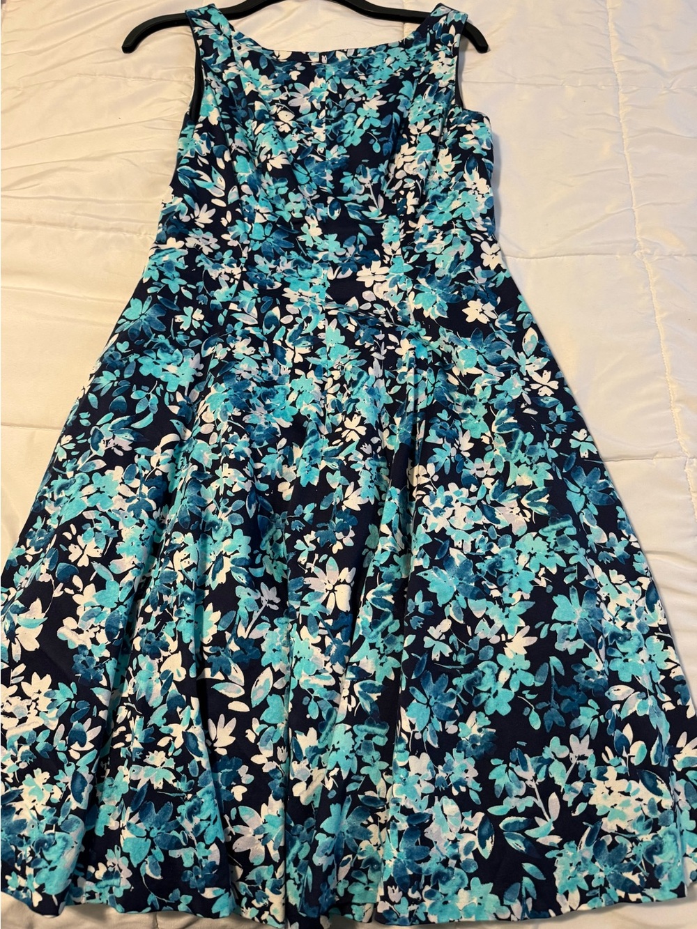 Maggy London Navy Floral Fit-and-Flare Dress with Aqua and White Accents